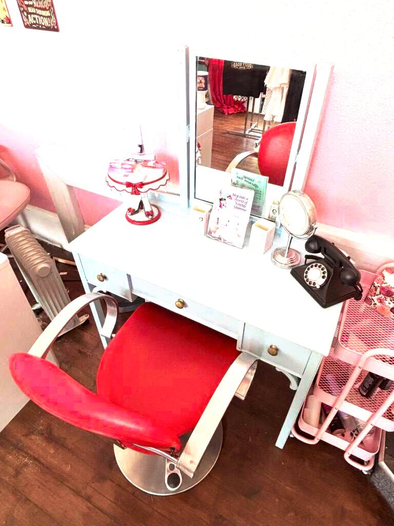 Vintage dressing table with salon chair, mirror and styling props at Le Keux Vintage, Margate
