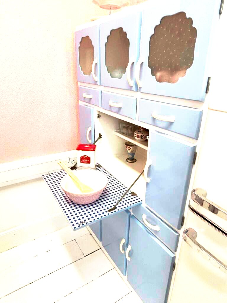 Baby blue 1950s larder cabinet with worktop and vintage kitchen details at Le Keux Vintage, Margate
