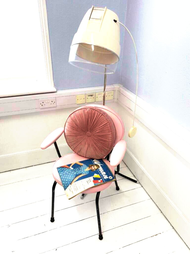 Vintage hood hairdryer with pink salon chair at Le Keux Vintage, Margate