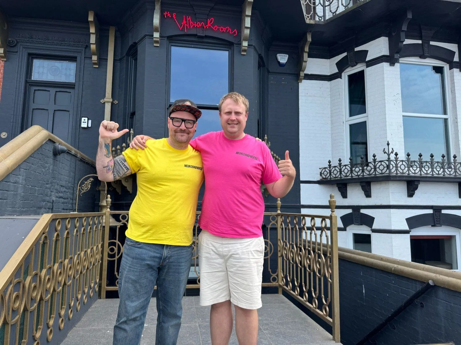 NeuroDADverse hosts outside The Albion Rooms in Margate after the anniversary video podcast recording